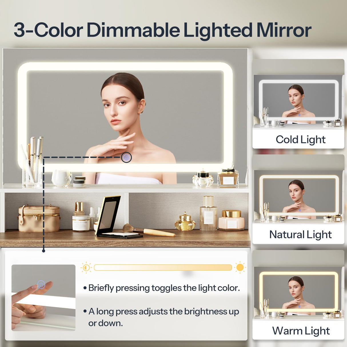 HOOBRO White Vanity Desk with Mirror and Lights, Farmhouse Vanity Makeup Desk with Charging Station, 41.5" Makeup Vanity Desk with Lighted Mirror, Power Outlet HOOBRO