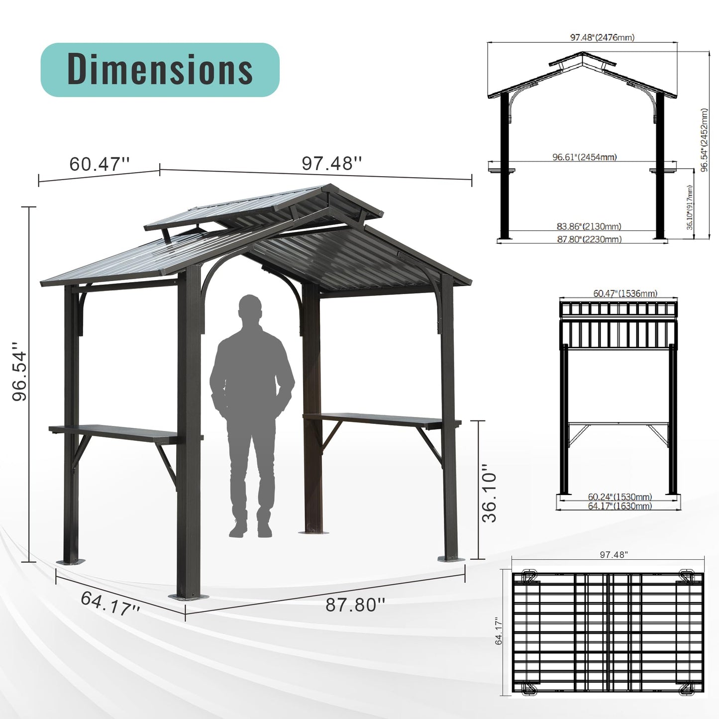 Domi 8x5FT Hardtop Grill Gazebo, Outdoor BBQ Gazebo with 2 Side Shelves and Ceiling Hook, Outdoor Grill Canopy with Galvanized Steel Double Roof for Patio Lawn Backyard Deck, Grey