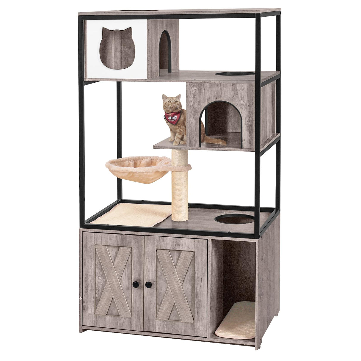 Aivituvin Cat Litter Box Enclosure, Litter Box Furniture Hidden, Wooden Cat Washroom Furniture, Indoor Cat House with Condo, Hammock, Scratching Mat and Storage Shelves-Greige Aivituvin