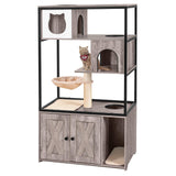Aivituvin Cat Litter Box Enclosure, Litter Box Furniture Hidden, Wooden Cat Washroom Furniture, Indoor Cat House with Condo, Hammock, Scratching Mat and Storage Shelves-Greige Aivituvin