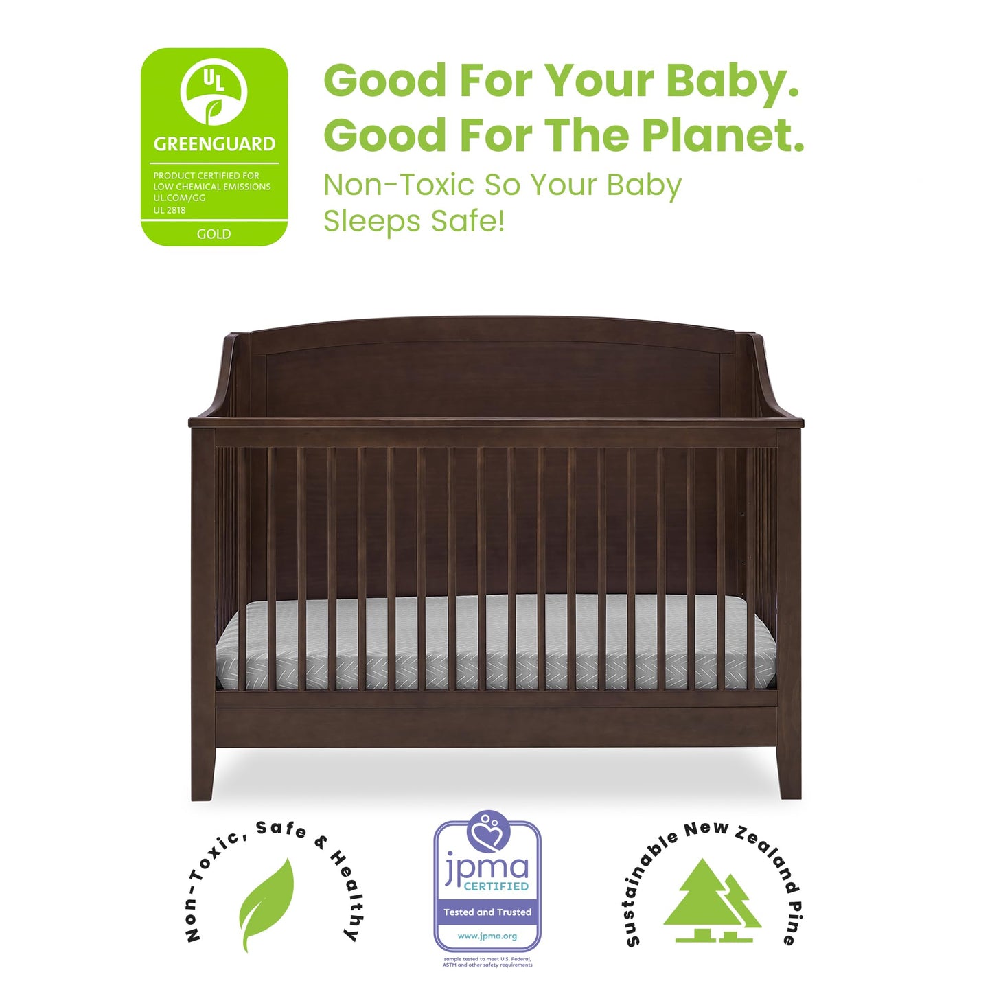 Delta Children Campbell 6-in-1 Convertible Crib - Greenguard Gold Certified, Walnut Espresso - WoodArtSupply