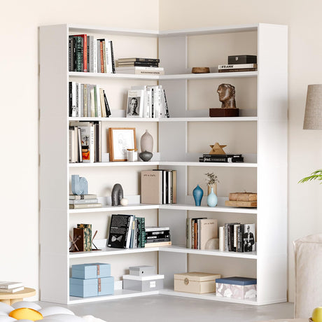 MXV 71.5" Tall L-Shaped Corner Bookshelf, 6-Tier 35.2" Wide Wooden Bookcase with Storage Organizer, Display Shelf for Home, Office, Living Room (35.2") MXV