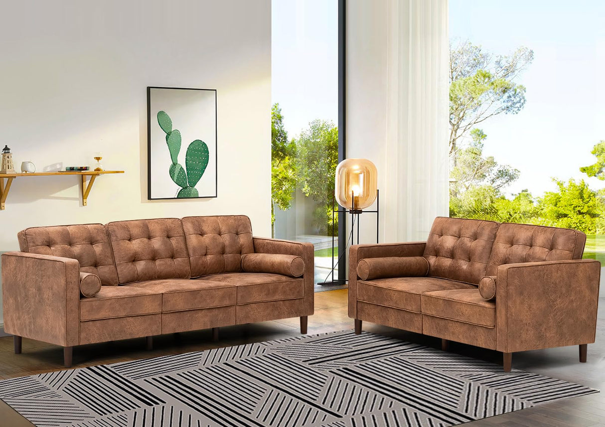 Lesofair 84" Suede Leather Sofa with 2 Soft Pillows, Tufted Modern Sofa with Sturdy Wooden Legs, 3 Seats Couch for Living Room, Office, Bedroom, Brown Lesofair