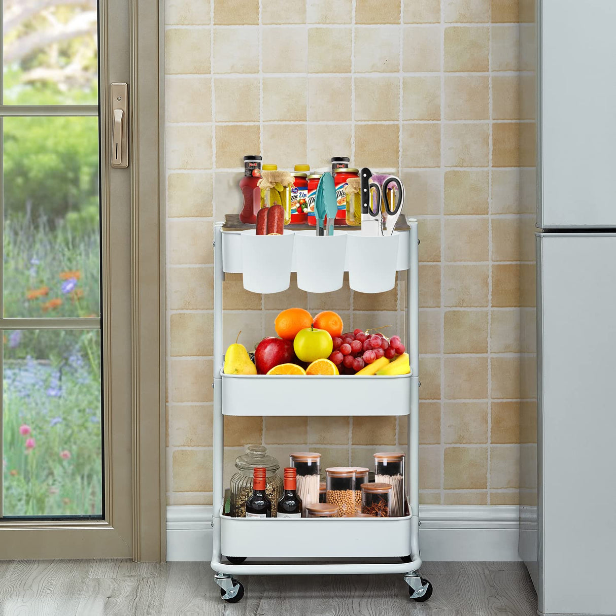 3-Tier Metal Utility Rolling Cart Storage Side End Table with Cover Board for Office Home Kitchen Organization, Cream White Melody House