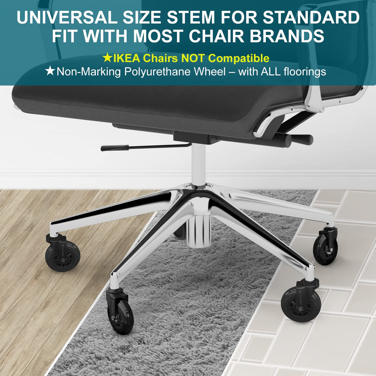 TICONN Office Chair Caster Wheels Set of 5 for Tile, Hardwood Floors and Carpets, Universal Fit for Most Chairs (Black) TICONN