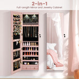 Giantex Wall Door Mounted Jewelry Armoire Cabinet with 47.5" H Full Length Mirror, 2 LEDs Lockable Jewelry Organizer Box with Bracelet Rod, 2 Drawers, Large Storage Capacity (Light Pink) Giantex
