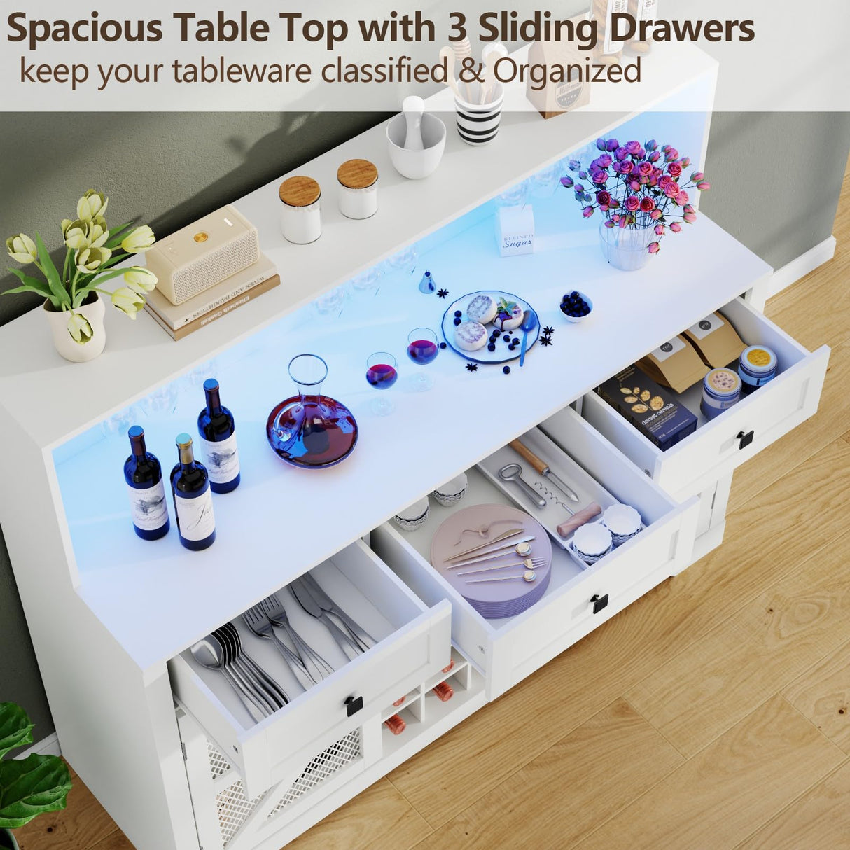 Gyfimoie Farmhouse Wine Bar Cabinet with LED Lights, Kitchen Coffee Bar Cabinet with Acrylic Mirror, Wine & Glass Rack, Storage Shelves and 3 Drawers (Signle Hutch) Gyfimoie