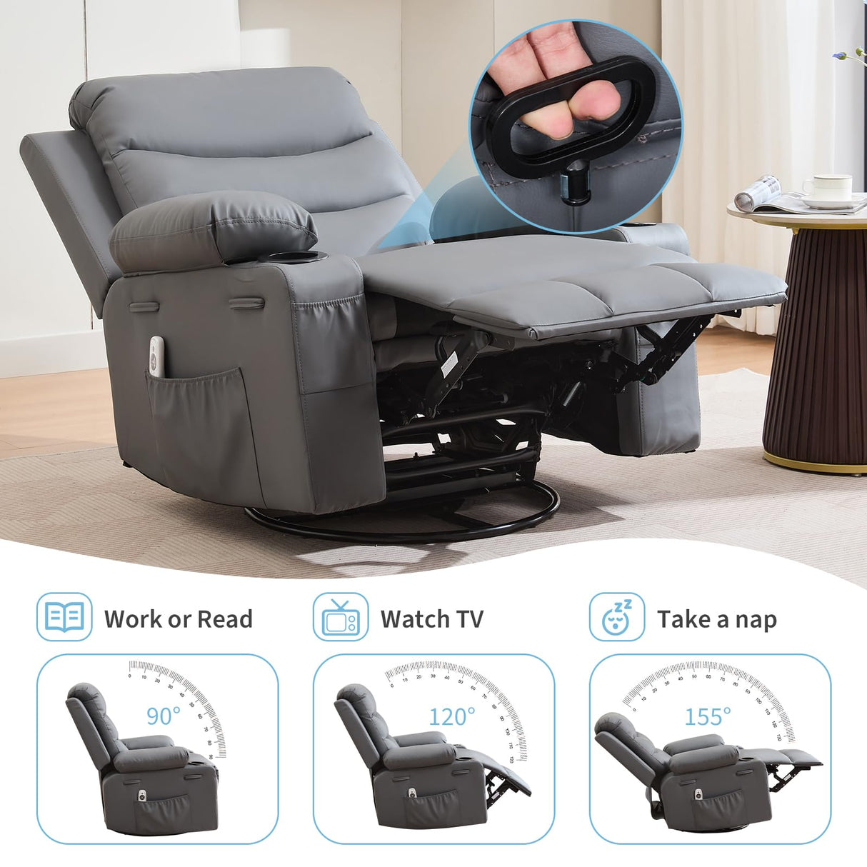 Leather Recliner Chair Nursery, Oversized Manual Reclining Rocking Chair, 360 Swivel Glider with Cup Holder, Massage and Heat Recliner, Small Sofa Chairs for Adults, Living Room, RV, Bedroom, Gray PeacefulHues