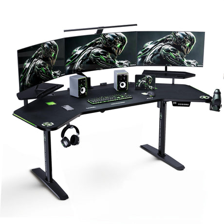 Klobel 72" Standing Gaming Desk with Dual Motor, Wing-Shaped Computer Desk with Full Coverage Mouse Pad, Electric Height Adjustable Standing Desk with RGB LED Lights and Slot Design Shelves Klobel
