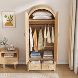 Lxsxlome Wardrobe Closet, Armoire Wardrobe Closet with Drawers and 2 Arched Fluted Doors, 70.87‘’ Tall Wooden Bedroom Armoires with Shelves and Hanging Rod (1, Wood Color) Lxsxlome