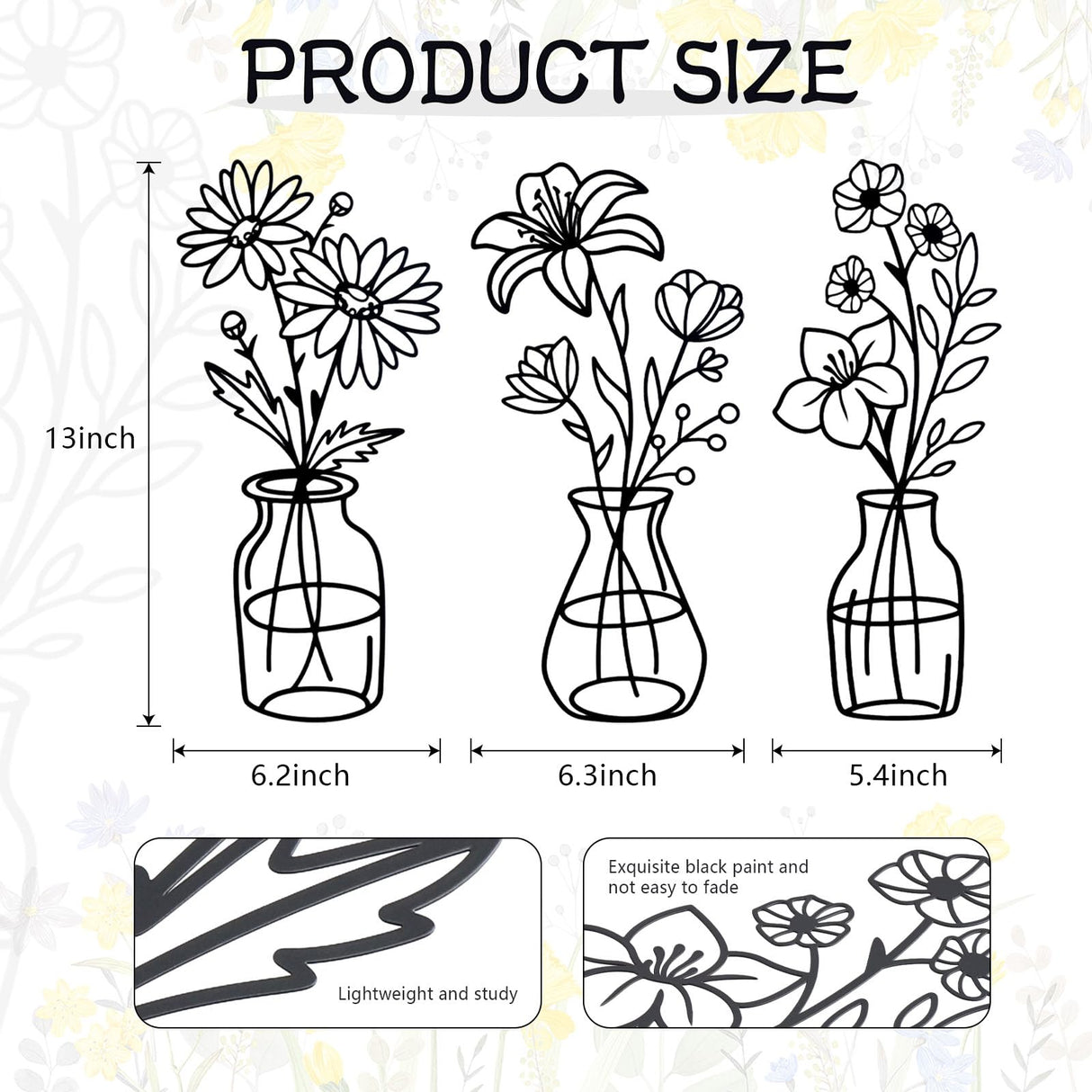 OYEFLY 3 Pieces Metal Flowers Wall Arts,Black Metal Vase Wall Art,Rustic Farmhouse Decor (Black) OYEFLY