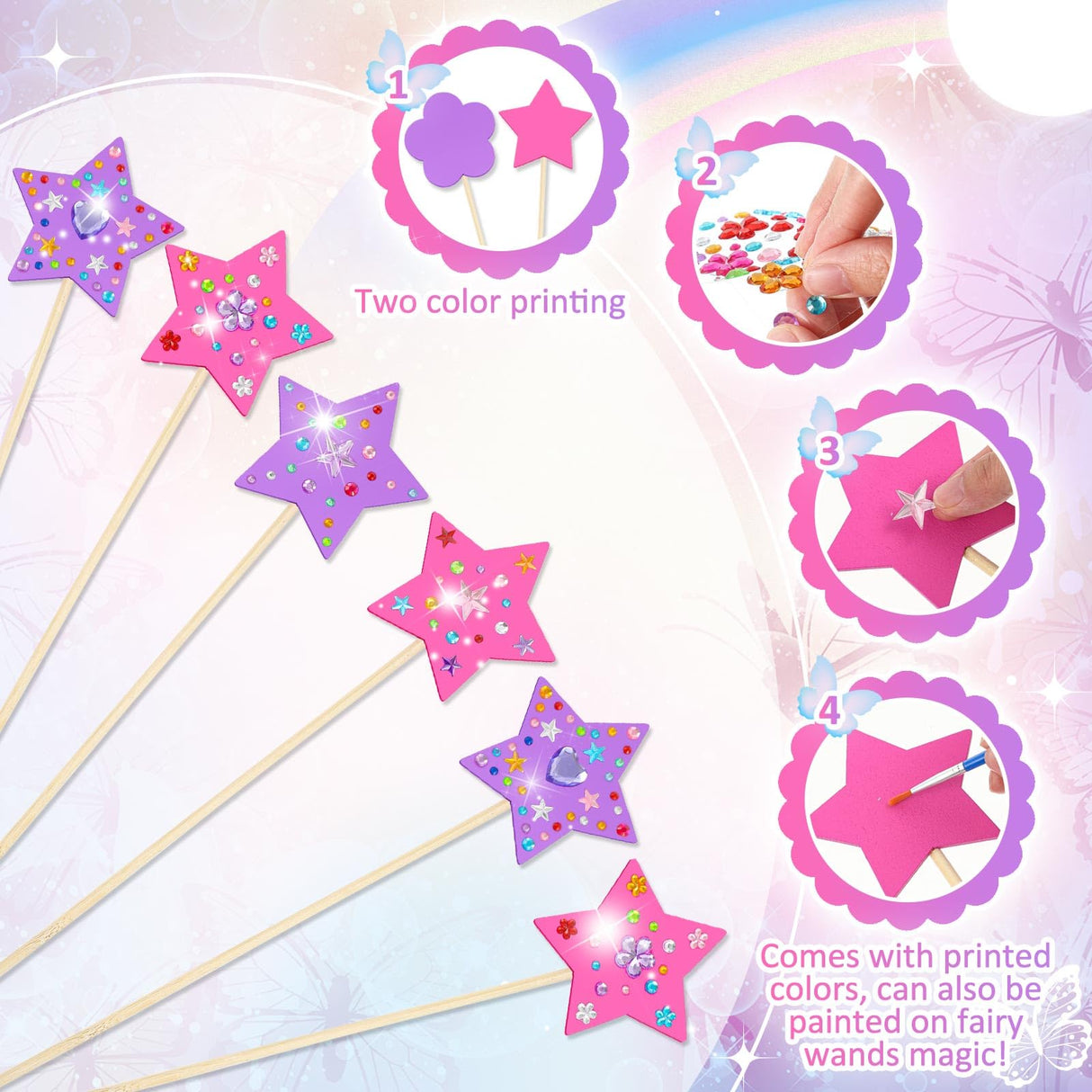 Juexica 60 Pcs Princess Fairy Wand Kit Includes 48 Make Your Own Princess Craft Unfinished Wooden Fairy Wand and 12 Gem Stickers for Girls DIY Magical Crafts Juexica