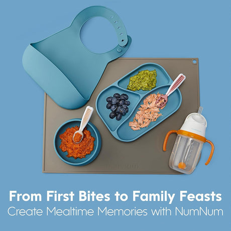 NumNum Baby Spoons Set, Pre-Spoon GOOtensils for Kids Aged 6+ Months - First Stage, Baby Led Weaning (BLW) Spoon - Self Feeding, Silicone Toddler Food Utensils - 2 Spoons, Blue/Orange NumNum