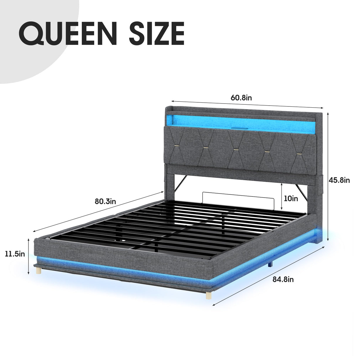 Fameill Queen Size Lift Up Storage Bed Frame, Storage Headboard with Charging Station, LED Lights Upholstered Platform Bed, No Box Spring Needed, Noise-Free, Dark Grey Fameill