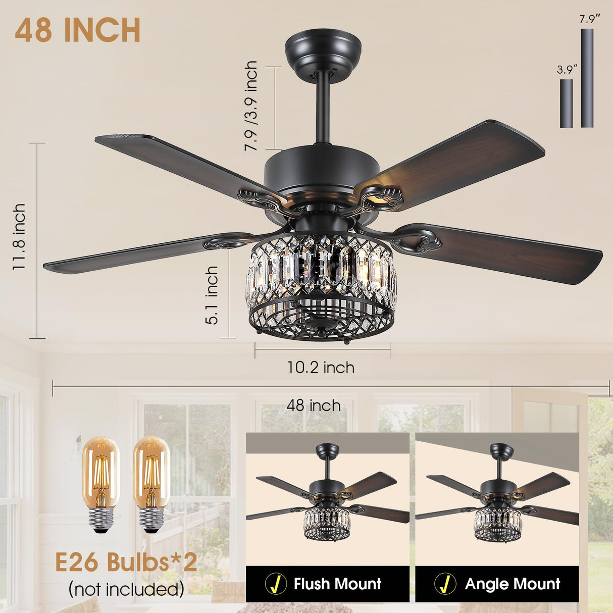 Kviflon Farmhouse Ceiling Fans with Lights and Remote, 48 Inch Indoor Chandelier Ceiling Fan with Light, Crystal Fandelier Ceiling Fans for Living Dining Room Bedroom, Wood Blades, Quiet, Black Kviflon
