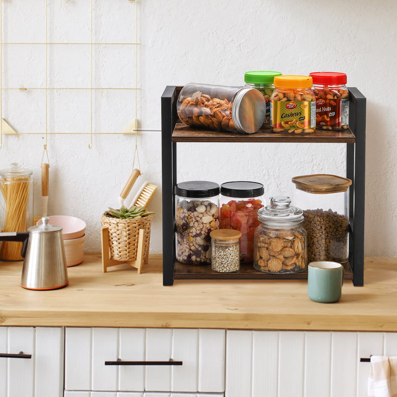 Youeon 2 Tier Large Wood Countertop Shelf Organizer, 15.7x7x15 in Rustic Kitchen Counter Shelf, Spice Rack Organizer, Coffee Organizer Station for - WoodArtSupply