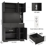 NBYSGO 71" Pantry Cabinet with Power Outlets and Led Lights,Freestanding Kitchen Pantry Storage Cabinet with Microwave Stand,Tall Kitchen Hutch with Storage Drawers,Dining Room,Black NBYSGO