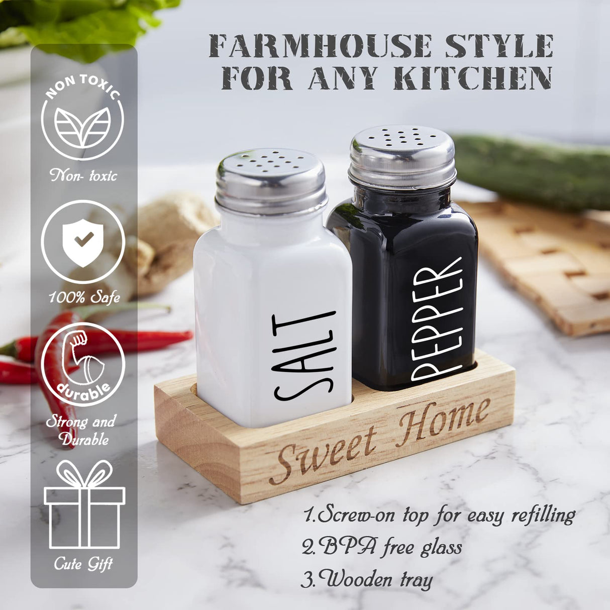 Salt and Pepper Shakers Set with Holder - Dopeca Glass Salt Shaker with Wood Caddy for Kitchen Counter or Table - Black and White Kitchen Decor and Wedding Gifts -2.7 oz dopeca