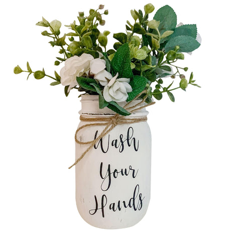 Wash Your Hands Mason Jar, Hand Painted and Distressed Mason Jar Decor, Pint 16 oz. Regular Mouth, Artificial Flower Arrangement for Bathroom, Rustic Farmhouse Bathroom Decor for Shelf Viva's Flower Shop
