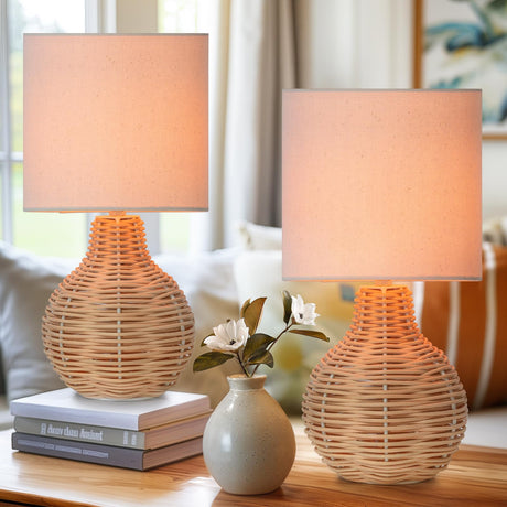 VELXEE Rattan Table Lamp, Vintage Wicker Wooden Nightstand Lamp Set of 2, Boho Bamboo Woven End Table Lamp for Bedroom Living Room Desk Room VELXEE
