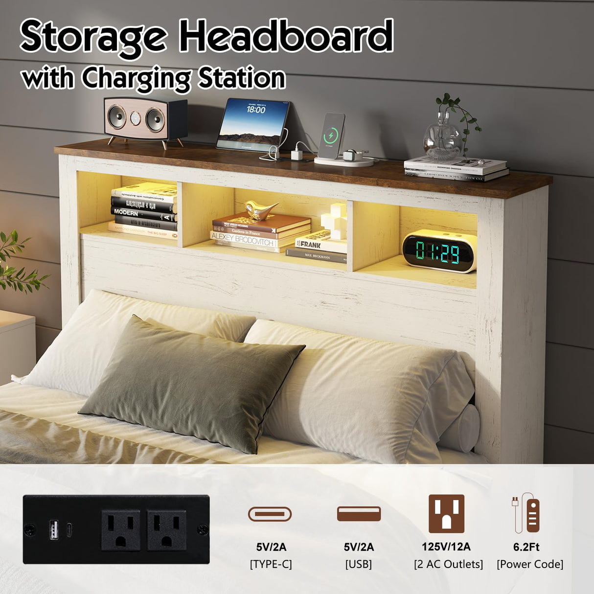 LUXOAK Queen Size Bed Frame with Bookcase Storage Headboard & Footboard, Farmhouse Wood Platform Bed with LED Light & Charging Station, No Box Spring Needed, White LUXOAK