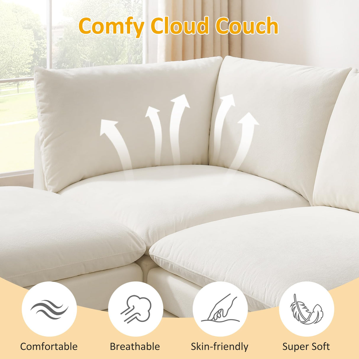 VANOMi 98" Cloud Modular Sectional Sofa Couches for Living Room, Oversized Modern Sleeper Sofa with Deep Seat Double-Layer Thick Cushion Ottoman, Convertible Upholstered Sofa Set, Ivory White VANOMi