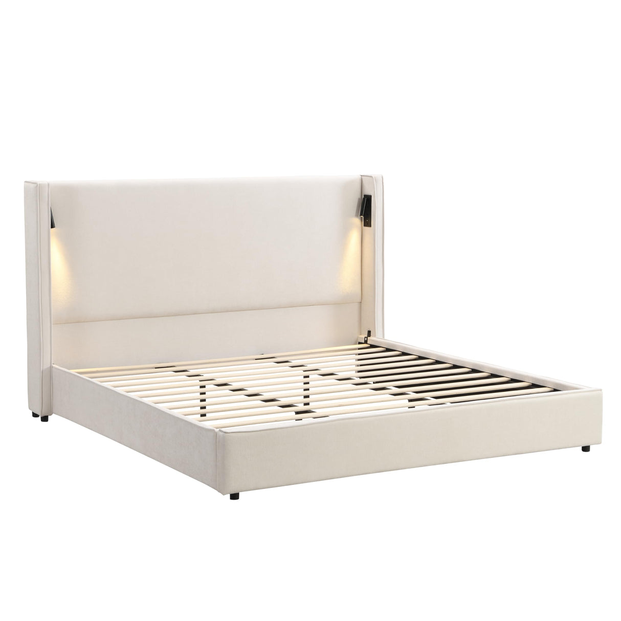 Christopher Knight Home Hazel 49.20" H King Headboard Bed, Upholstered King Size Bed, Slats Panel Support Platform, No Spring Box Needed, Wingback Headboard with Reading Lamps and USB, Beige Christopher Knight Home