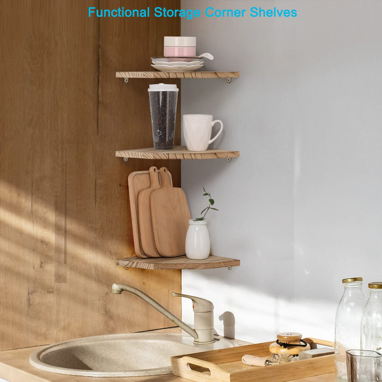 Joiishom Corner Wall Shelf Set of 3, Floating Corner Shelves for Wall, Rustic Wood Wall Storage Display Shelves for Living Room Bedroom Bathroom Kitchen (Fanshaped-Carbonized) Joiishom
