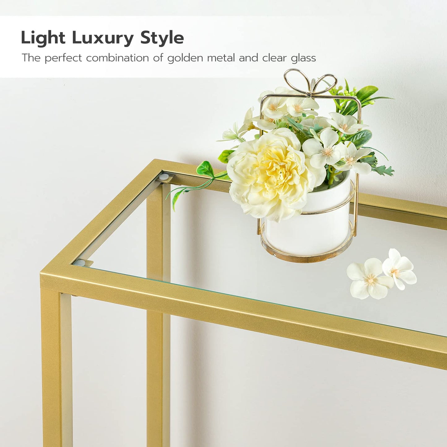 HOOBRO 29.5" Narrow Console Table, Tempered Glass Sofa Table, Small Side Table, Modern Entryway Table, for Entrance, Living Room, Foyer, Hallway Bedroom, Gold GD07XG01