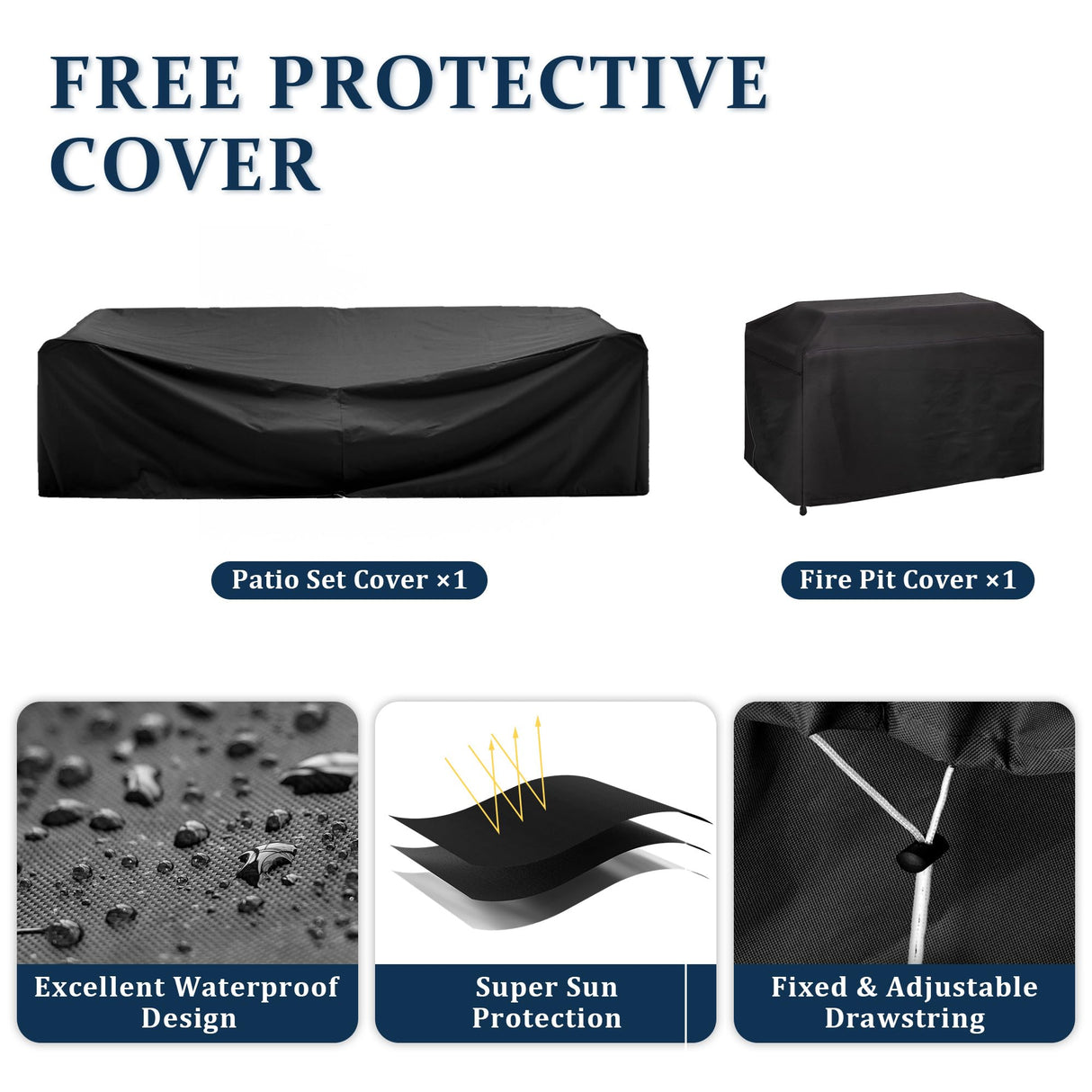 VONZOY 8 Pieces Outdoor Patio Furniture Set with 44" Fire Pit Table Black Rattan Sectional Conversation Sets w/Gas Fire Pit, Coffee Table, 2 Waterproof Covers, Navy Blue VONZOY