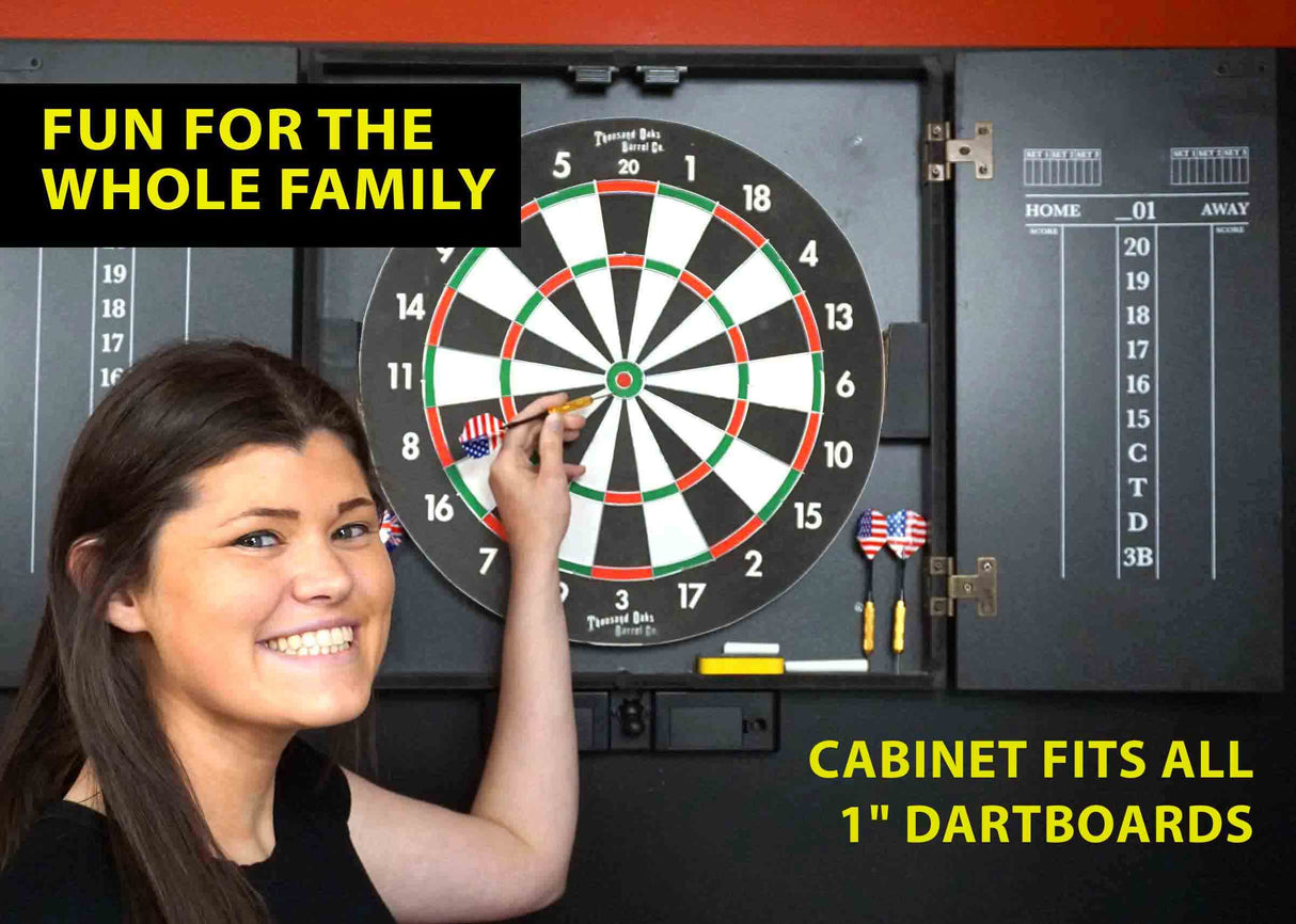 THOUSAND OAKS BARREL Personalized Dart Board Cabinet Set with 6 Steel Tip Darts, Chalk & Eraser Set - Man Cave Furniture, Decor Dart Boards for Adults - Bourbon Bar Dartboard (121) THOUSAND OAKS BARREL