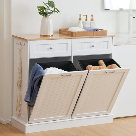 Spurgehom Double Tilt Out Trash Cabinet Kitchen Waste Bins,2x13 Gallon Laundry Hamper Tilt Out Trash Can Cabinet,Pet Proof Trash Can for Living Room,White Spurgehom