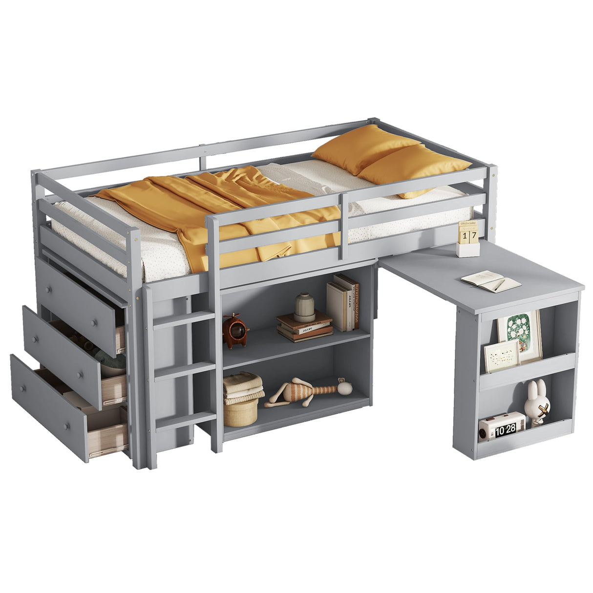 Low Loft Bed with Storage & Rolling Out Desk, Kids Twin Size Loft Beds with Bookcase & Drawers, Rubber Wood Junior Lofts Bed with Dresser/Shelves/Ladder/Guardrails for Boys Girls Teens, Gray Duxelifin
