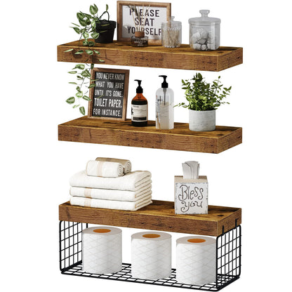 QEEIG Bathroom Shelves Over Toilet Wall Mounted Floating Shelves Farmhouse Shelf Toilet Paper Holder Small 16 inch Set of 3, Rustic Brown (019-BN3) - WoodArtSupply