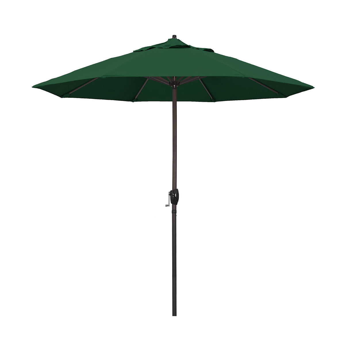 California Umbrella 9' Round Aluminum Market Umbrella, Crank Lift, Auto Tilt, Bronze Pole, Hunter Green Olefin California Umbrella
