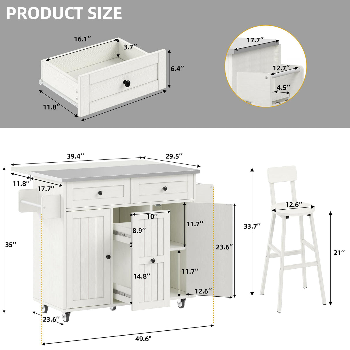 DWVO Kitchen Island with Seating, Mobile Kitchen Storage Island with Drop Leaf Countertop, Large Kitchen Island Table with Drawers, Cabinets, Bar Stools, Towel Rack and Spice Rack, White DWVO
