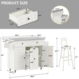 DWVO Kitchen Island with Seating, Mobile Kitchen Storage Island with Drop Leaf Countertop, Large Kitchen Island Table with Drawers, Cabinets, Bar Stools, Towel Rack and Spice Rack, White DWVO