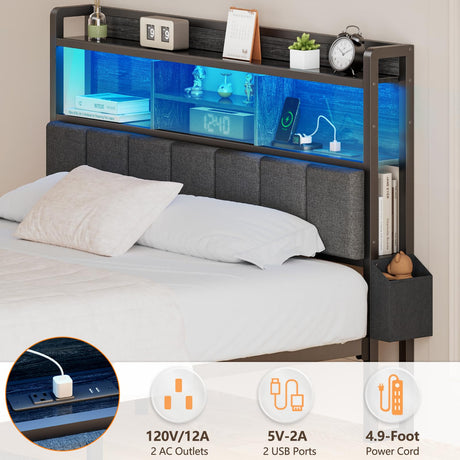 Furnulem Queen Bed Frame with Storage Drawers, Upholstered Headboard with Storage Shelf, LED Lights and Charging Station, Metal Platform Bed Frame Queen Size, Noise Free, No Box Spring Needed, Black Furnulem