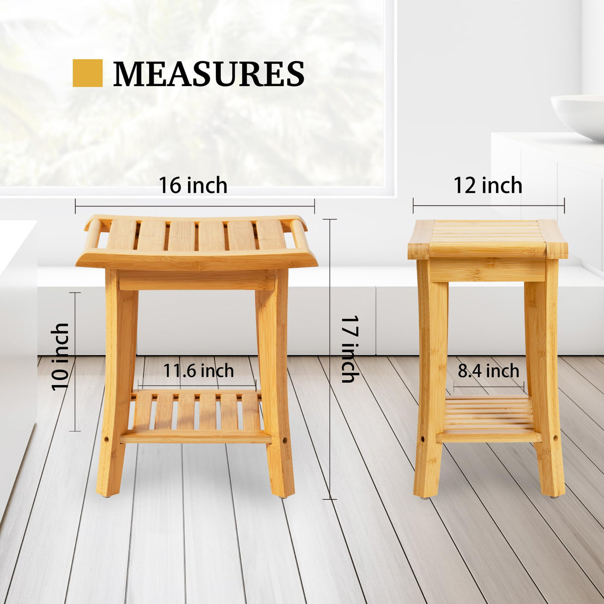 Unibambou Bamboo Shower Bench Inside Shower Stool with Storage Shelf, Spa Bath Chair for Bathroom, Seat or Organizer for Living Room, Bedroom and Garden - Great for All Ages Elderly (Natural) Unibambou