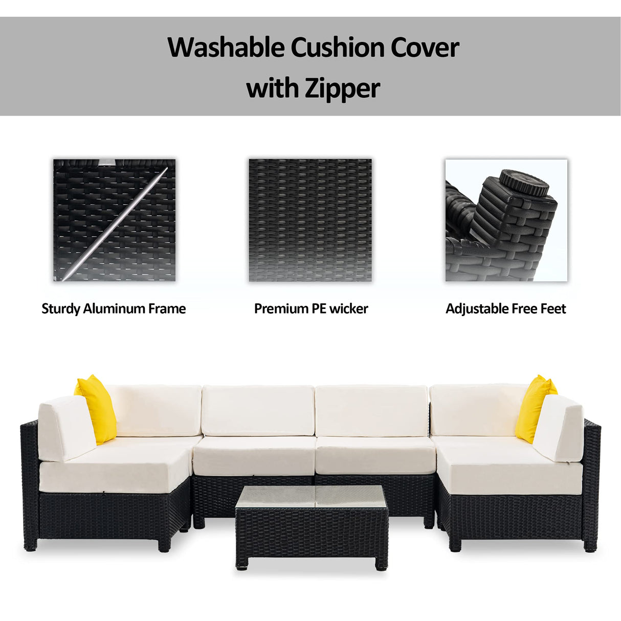 MCombo Patio Furniture Sets 7 Pieces Outdoor Wicker Sectional Sofa Set, PE Rattan Aluminum Frame Conversation Sets with Washable Cushion and Glass Table for Garden, and Backyard, 6080-7PC (White) MCombo