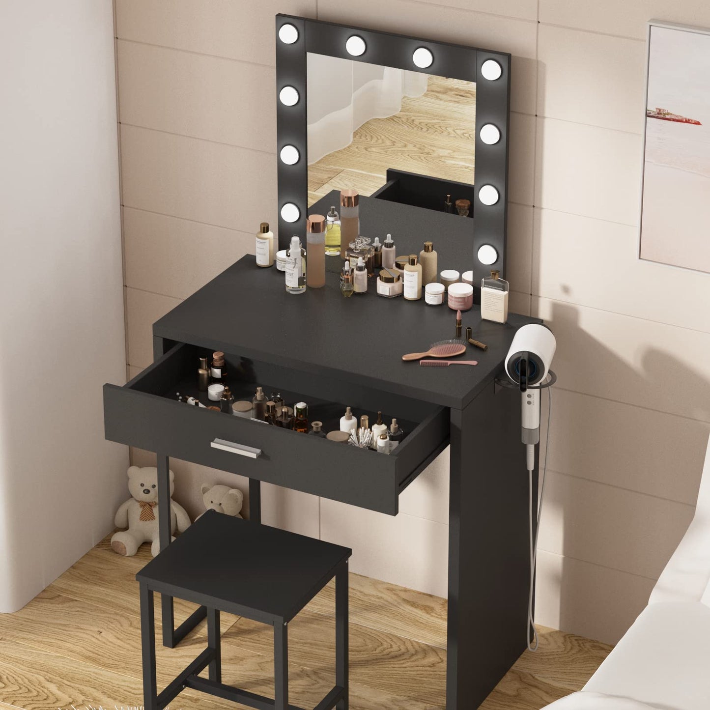 Titoni Makeup Vanity Desk with Mirror and Lights, Black Vanity Table and Chair Set, Brightness Adjustable, Small Vanity for Girls' Bedroom - WoodArtSupply