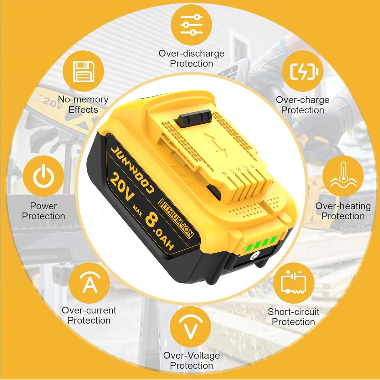 JUNWOOD 4Pack 8.0Ah Replacement for Dewalt 20V Battery Lithium Max XR Cordless Tools DCB180 DCB205 DCB206 DCB206-2 DCB200 DCB204 DCB204BT-2 DCB203 DCB201 DCB207 JUNWOOD