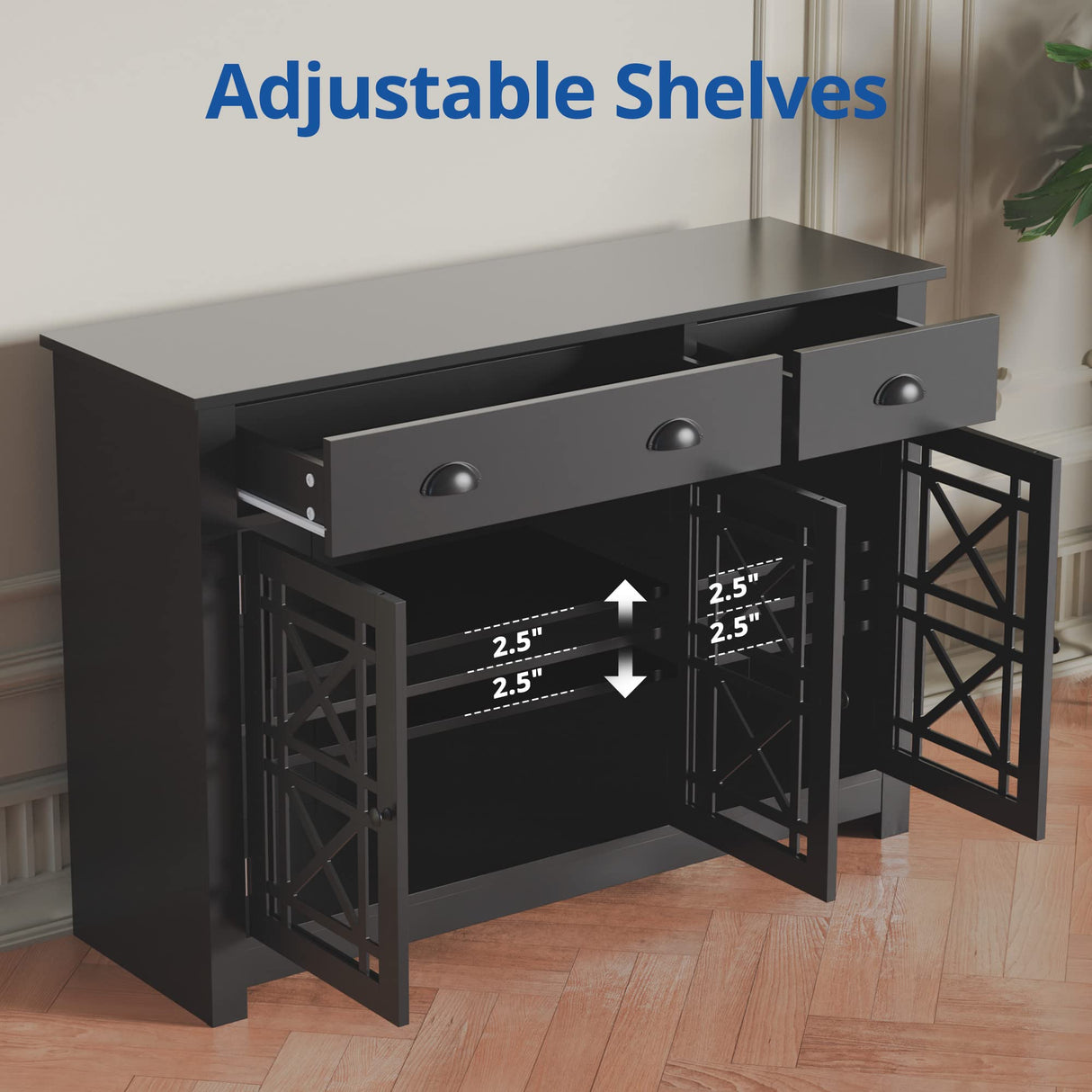 Cozy Castle Modern Buffet Cabinet with Drawers, Wood Sideboard Buffet Cabinet with 3 Acrylic Glass Doors, Freestanding Bar Cabinet, Black Cozy Castle