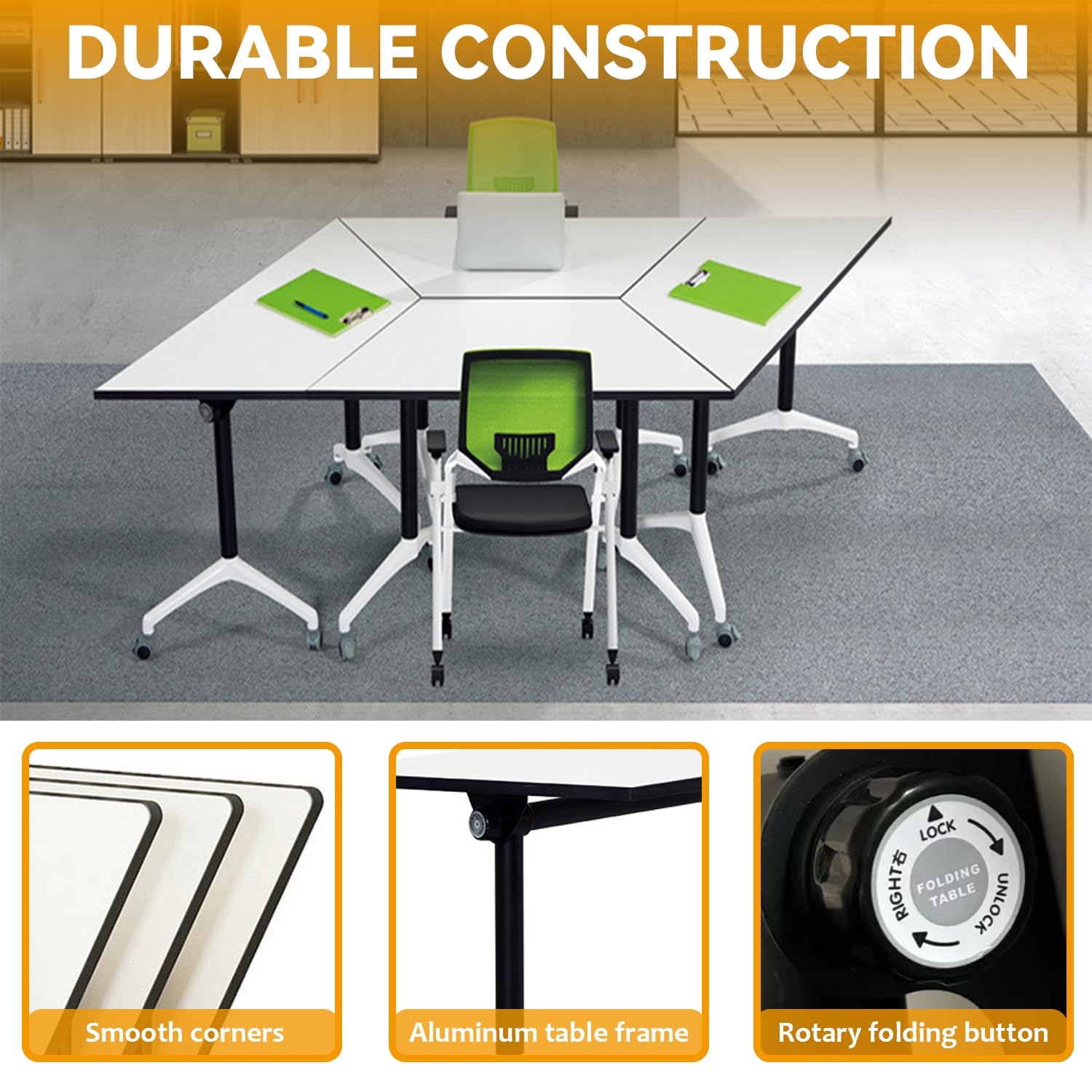 Folding Conference Table,Mobile Flip Top Meeting Table,Modern White Conference Room Table Portable,Foldable Rolling Training Table with Locking Wheels for Office,Meeting Room,Easy Assembly (1 - WoodArtSupply