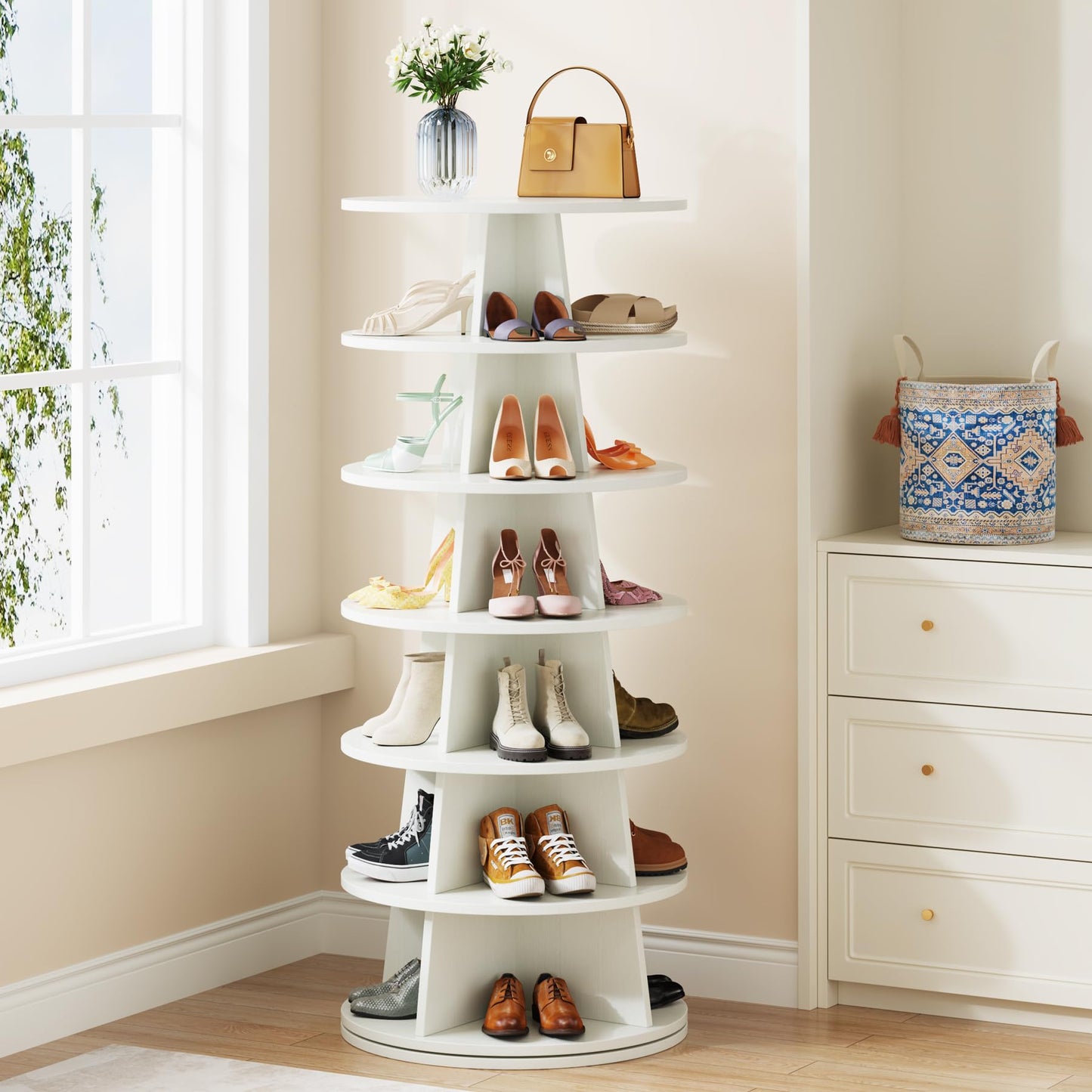 Tribesigns Rotating Shoe Rack, 7-Tier Revolving 24 Pairs Shoe Storage Shelf Tower, Modern Free Standing Wood Space-Saving 360° Spinning Shoe Organizer, Lazy Susan Shoe Rack for Entryway, Whit - WoodArtSupply