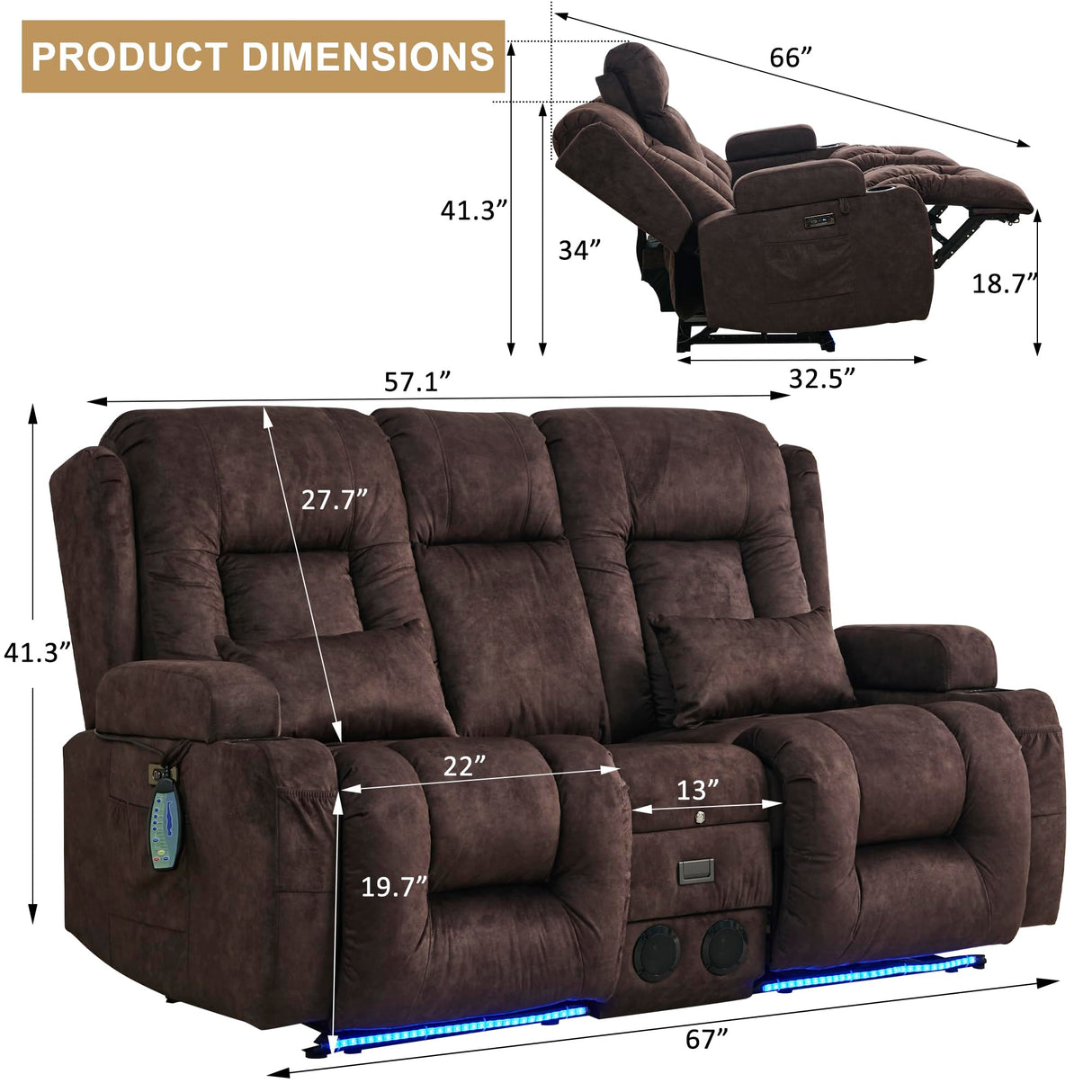 URRED Power Loveseat Recliner Sofa, Velvet Fabric Home Theater Seating with LED Ambient Light, Double Recliner RV Sofa with Flipped Middle Backrest/Bluetooth Speakers/USB/Built-in Outlets, Brown URRED