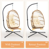 Yechen Hanging Egg Chair with Stand and Footrest for Indoor Outdoor, Foldable Wicker Rattan Patio Egg Swing Chairs Hammock Egg Chair with UV Resistant Cushion for Bedroom Porch, 350 Lbs Capacity Yechen