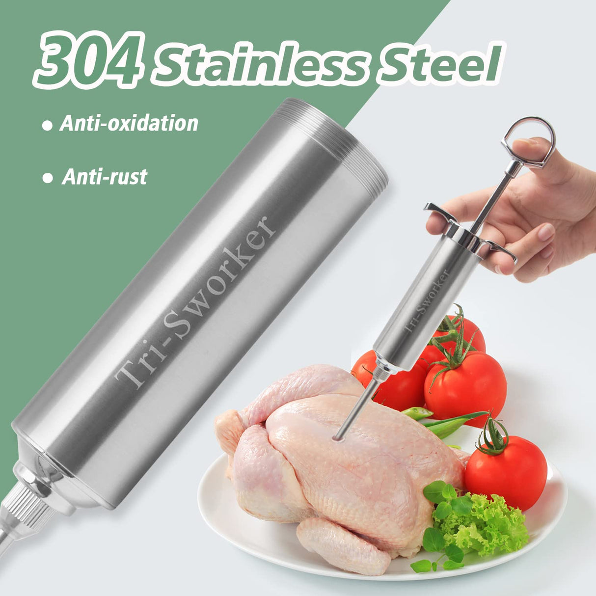 Tri-Sworker Meat Injector Syringe for Smoking with 4 Marinade Flavor Food Injector Needles, Ideal to Injector Marinades for Meats, Turkey, Brisket, Beef; 2-OZ Capacity Tri-Sworker