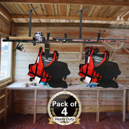 Tahikem 4 Set Overhead Garage Storage Rack, Heavy Duty Overhead Storage Double Hook, Ceiling Mount Hanger Safe Racks Hooks, Hanging for Lumber Ladder Storage & Other Bulky Items (Pack of 4 - Black)