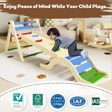 Pikler Triangle Set 7in1 Toddler Climbing Toys Indoor Foldable Baby Climbing Toys Wooden Montessori Climbing Set with Arch, Ramp, Ladder for 1-3 Years, Jungle Gym for Kids Colored doowroodni